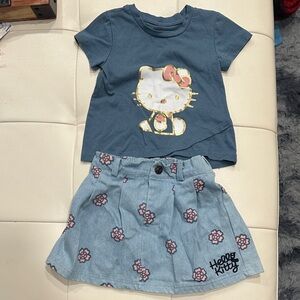 Hello Kitty Blue Graphic Tee and Light Denim Floral Skirt Set